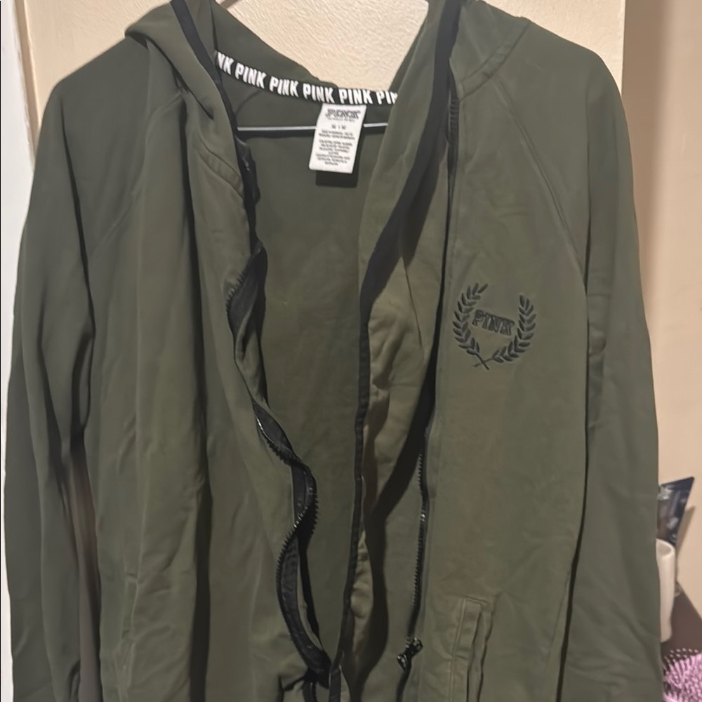 PINK Olive Green Zip-Up Hoodie